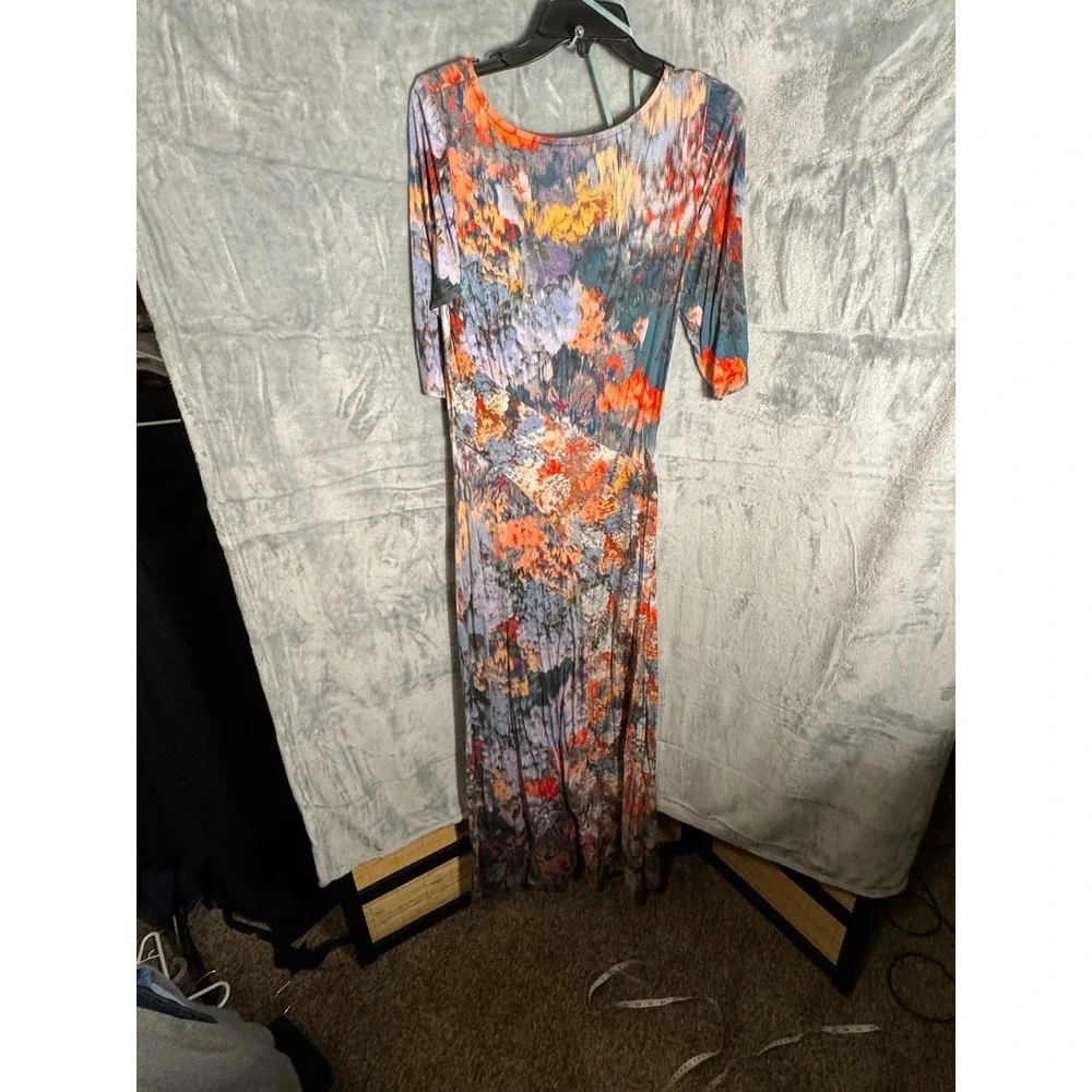 Soft‎ Surroundings Floral Print Maxi Dress 3/4 Sleeve Round Neck multi Size S